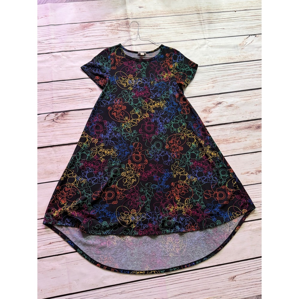 LuLaRoe Disney Carly Dress XXS‎ Black Rainbow Neon Mickey Mouse High Low Pocket
